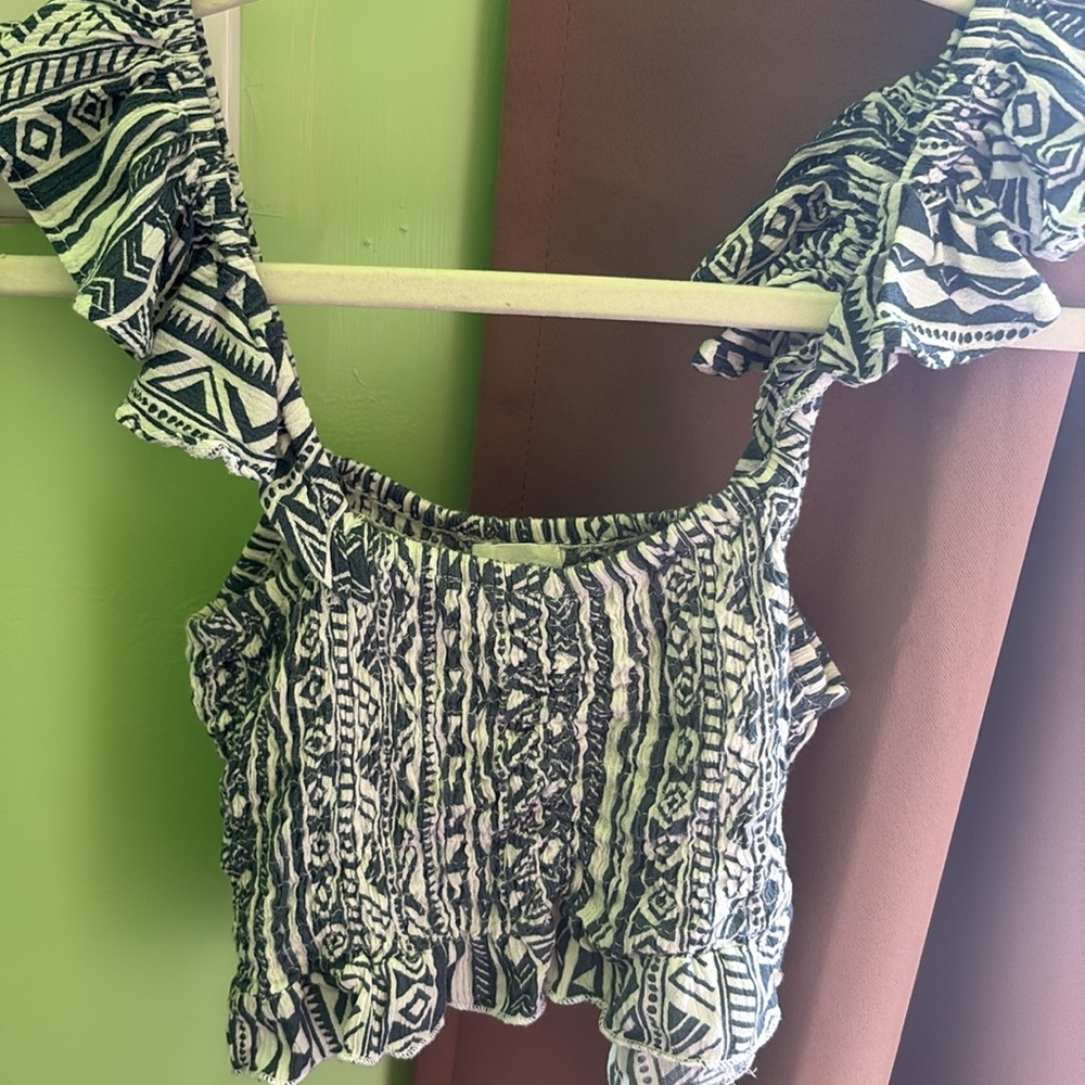Blue white tank Off shoulder ruffled crop top Small Salty Lemon summer shirt